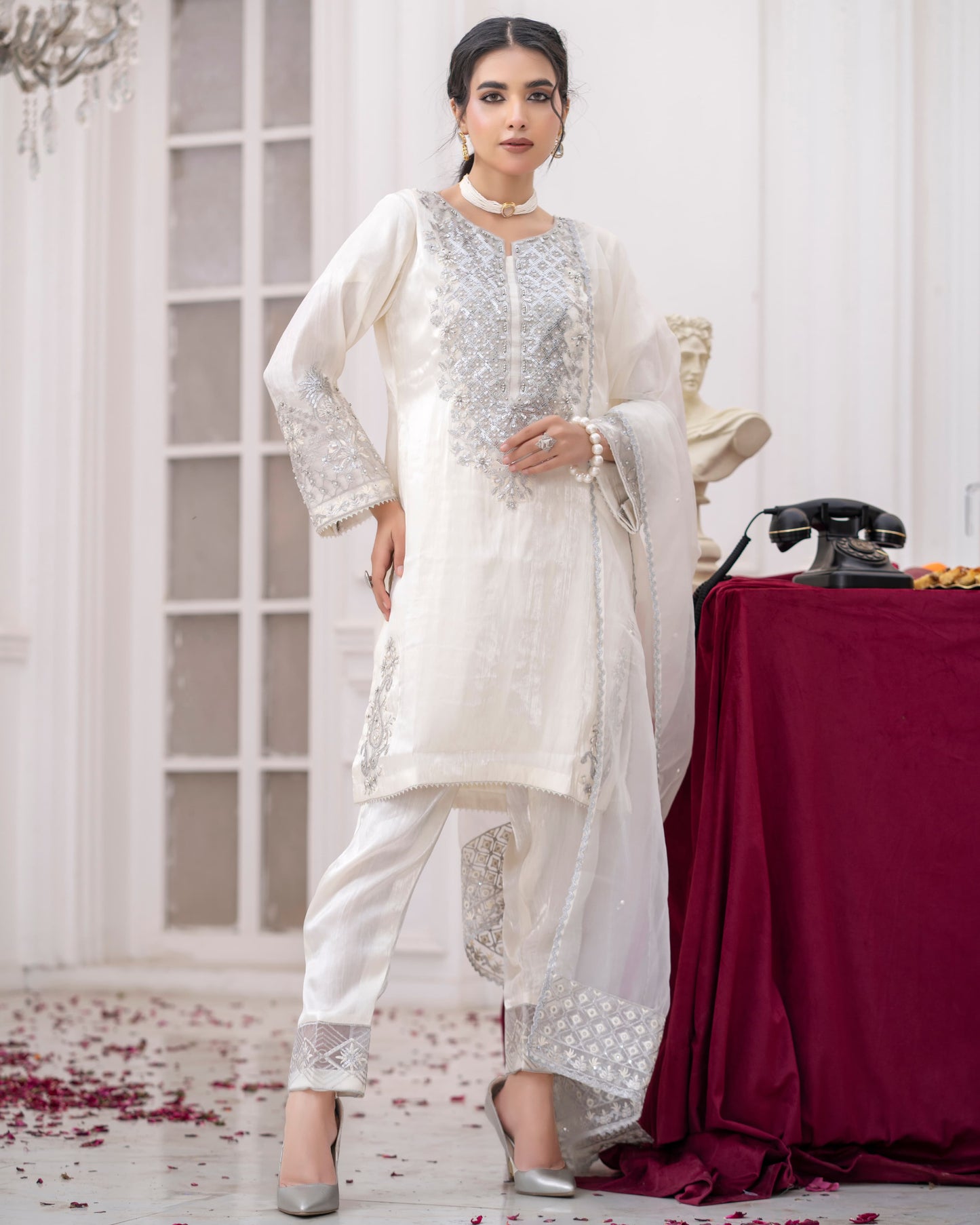 3 Piece Sheesha Silk Dress with Cutdana Embroidery & Cut Work Daman |RC 24-34