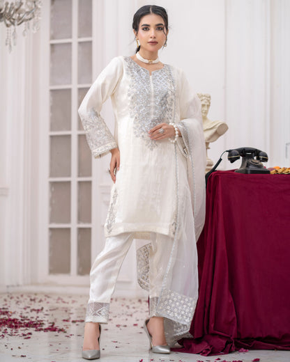 3 Piece Sheesha Silk Dress with Cutdana Embroidery & Cut Work Daman |RC 24-34