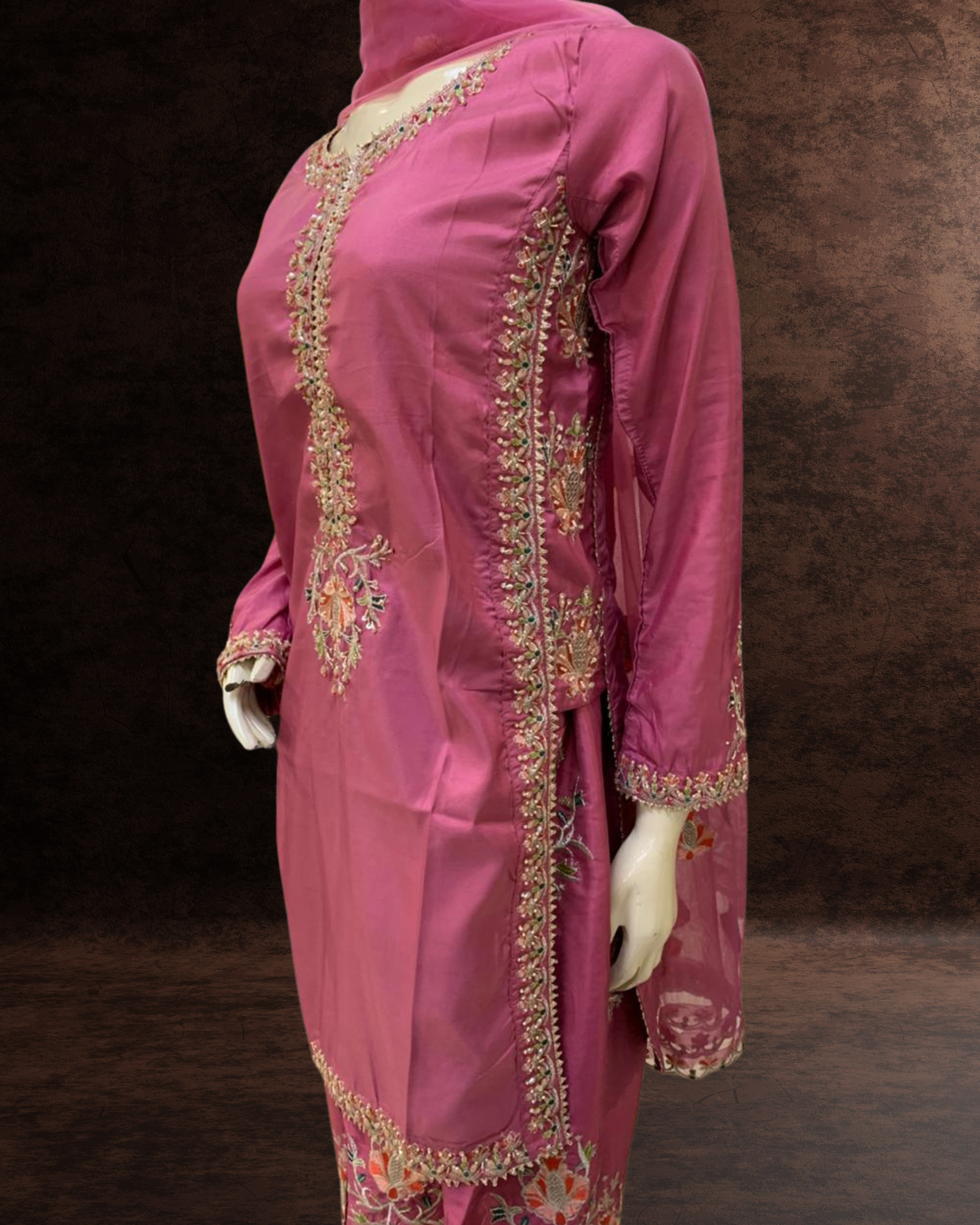 3 Piece Embroidered Farshi Shalwar Suit with Handwork Embellished Shirt & Net Dupatta |RC 24-54