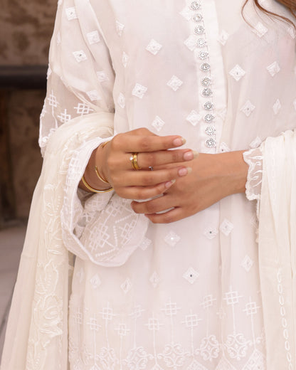 3 Piece Embroidered Farshi Shalwar Suit with Mirror Work & Chiffon Embroidered Dupatta  |RC 24-48