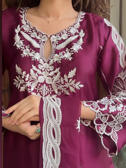 3 Piece Luxury Russian Silk  Embroidered Neck, Sleeves & Cutwork Border with Dupatta  |RC 24-40