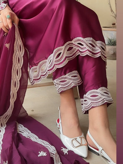 3 Piece Luxury Russian Silk  Embroidered Neck, Sleeves & Cutwork Border with Dupatta  |RC 24-40